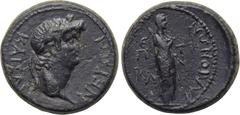 LYDIA. Maeonia. Nero (54-68). Ae. T. Claudius Menecrates, strategos . Obv: NEPΩN KAICAP. Laureate head right. Rev: ЄΠ TI / KΛ / MAIONΩN MENEKPATOYΣ. Veiled goddess standing right, holding sceptre over