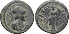 LYDIA. Thyateira. Pseudo-autonomous (2nd-3rd centuries). Ae. Obv: Helmeted bust of Athena right, wearing aegis. Rev: ΘVATЄIPHNΩN. Tyche standing left, holding rudder and cornucopia. SNG Copenhagen 582
