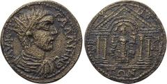 LYDIA. Tripolis. Gallienus (253-268). Ae. Obv: AV K Π ΛI ΓAΛΛIHNOC. Radiate, draped and cuirassed bust right. Rev: TPIΠOΛЄITΩN. Tetrastyle temple, containing Leto advancing left, head right, holding h
