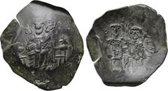 MANUEL I COMNENUS (1143-1180). Aspron Trachy. Constantinople. Obv: Christ Pantokrator seated facing on throne; star to left and right. Rev: Manuel standing facing, holding labarum and globus cruciger,