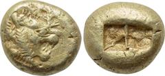 KINGS OF LYDIA. Time of Alyattes-Kroisos (Circa 610-546 BC). EL Trite. Obv: Head of lion right; star on forehead. Rev: Two incuse square punches. Weidauer 89; SNG Kayhan 1013. Condition: Very fine. We
