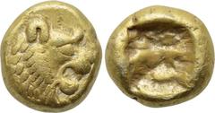 KINGS OF LYDIA. Time of Alyattes-Kroisos (Circa 610-546 BC). EL Hemihekte. Sardes. Obv: Head of roaring lion right; star on forehead. Rev: Incuse square punch. Weidauer 90; Rosen 654; SNG Kayhan 1015.