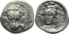 DYNASTS OF LYCIA. Zagaba (Circa 400-380 BC). Third Stater. Obv: Facing lion’s scalp. Rev: Helmeted head of Athena facing slightly left. Lycian legend around. SNG Copenhagen - (cf. Supp. 469); Vismara 
