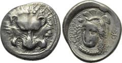 DYNASTS OF LYCIA. Zagaba (Circa 400-380 BC). Third Stater. Obv: Facing lion's scalp. Rev: Helmeted head of Athena facing slightly left, monogram to right; lycian legend around. Vismara -; BMC -; SNG v