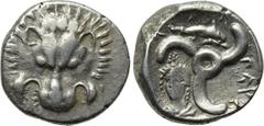 DYNASTS OF LYCIA. Perikles (Circa 380-360 BC). 1/3 Stater. Obv: Facing lion’s scalp. Rev: Triskeles; dolphin in upper field, female facing head in lower left field. SNG Copenhagen -; SNG von Aulock -;