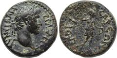 LYDIA. Hierocaesarea. Trajan (98-117). Ae. Obv: AV NЄPBAN TPAIANON. Laureate head right. Rev: IЄPOKAICAPЄΩN. Artemis standing right, holding bow and drawing arrow from quiver on back. SNG Copenhagen 1