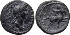 LYDIA. Sardes. Plotina (Augusta, 105-123). Ae. Obv: ΠΛΩTEINA CEBACTH. Draped bust right. Rev: ΣAPΔIANΩN. Horseman riding right, holding whip. SNG München 518. Condition: Near very fine. Weight: 4.71 g