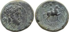 LYDIA. Mostene. Ae (1st century BC). Obv: Laureate head of Zeus right. Rev: LYΔΩΝ / MOΣΤΗΝΩΝ. Youth on horseback advancing right, labrys over shoulder; EP in left field, monogram in right field. Imhoo