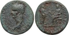 KINGS OF THRACE. Rhoemetalkes III, with Caligula (Circa 38-46 AD). Ae. Obv: ΓAIΩ KAIΣΑPΙ ΓEPMANIKΩ ΣEBAΣTΩ. Laureate head of Caligula left. Rev: BAΣIΛEYΣ POIMHTAΛKAΣ KOTVΩΣ. Caligula seated left on cu