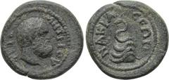 LYDIA. Nacrasa. Pseudo-autonomous. Time of the Antonines (138-192). Ae. Demetrius II, magistrate. Obv: ЄΠΙ ΔΗΜΗΤΡΙΟV. Bearded head of Hercules right. Rev: ΝΑΚΡΑСЄΩΝ. Serpent coiled left upon omphalus.