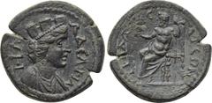 LYDIA. Philadelphia. Pseudo-autonomous. Time of Septimius Severus (193-211). Ae. Obv: ΦΙΛΑΔЄΛΦΙΑ. Turreted and draped bust of Tyche right. Rev: ΦΙΛΑΔЄΛΦЄΩΝ. Zeus seated left on throne with eagle and s