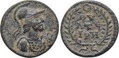 LYDIA. Thyateira. Pseudo-autonomous. Ae (Circa 30-276). Obv: Helmeted bust of Athena right, wearing aegis. Rev: ΘΥ / ATE / IPE. Legend in 3 lines within wreath. BMC -; SNG Copenhagen -; Imhoof-Blumer,