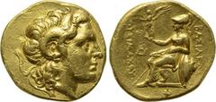 KINGS OF THRACE. Lysimachos (305-281 BC). GOLD Stater. Dium. Obv: Head of the deified Alexander right, with horn of Ammon. Rev: BAΣIΛEΩΣ ΛYΣIMAXOY. Athena seated left with Nike and spear; resting elbo