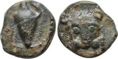 DYNASTS OF LYCIA. Uncertain (Circa 380-370 BC). Ae. Obv: Murex shell. Rev: lion's scalp facing. BMC 141; CNG eA 297/66; CNG eA 352/144; cf. BMC 139 (Mithrapata; obol; same obverse);cf. Klein 606 (same