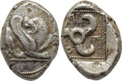 DYNASTS OF LYCIA. Kuprilli (Circa 460-420). Stater . Obv: Winged lion crouching right, head reverted, raising forepaw. Rev: Triskeles within incuse square; Lycian letters in fields. SNG von Aulock 413