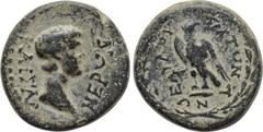 LYDIA. Cilbiani. Nero (54-68). Ae. Obv: NEPUN KAIΣAP. Bare head right. Rev: KIΛ TUN ANU E AV A ΠOV. Eagle standing facing, head right; all within wreath. RPC I 2566. Extremely rare, with RPC citing ju