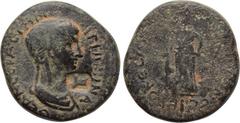 LYDIA. Hierocaesaraea. Agrippina II (Augusta, 50-59). Ae. Obv: AΓPIΠΠINAN ΘЄAN CЄBACTHN. Draped bust right. Rev: IEPOKECAPEWN EΠI KAΠITWNOC. Artemis standing left with arrow, stag at feet left. RPC 23