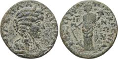 LYDIA. Hypaepa. Plautilla (Augusta, 202-205). Ae. Obv: ΦOVΛB ΠΛAVTIΛΛA CЄ. Draped bust right. Rev: ЄΠI ΦΛAOV IЄPAKOC VΠAIPHNΩN. Tyche standing left, holding rudder and cornucopia. SNG von Aulock -; SN
