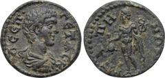 LYDIA. Hypaepa. Geta (Caesar, 198-209). Ae. Obv: Λ CЄΠ ΓЄTAC K. Bareheaded, draped and cuirassed bust right. Rev: VΠAIΠHNΩN. Hermes standing left, holding purse and caduceus. SNG von Aulock -; SNG Cop