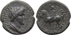 LYDIA. Mostene. Pseudo-autonomous. Time of Vespasian (69-79). Ae. Obv: ΘEON ΣYNKΛHTON. Draped bust of the Senate right. Rev: KAIΣAPEΩN MOΣTHNΩN. Hero riding horse right, holding bipennis. RPC II 988. 