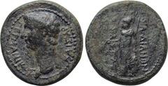 LYDIA. Sardes. Germanicus (Died 19). Ae. Mnaseas, magistrate. Obv: ΓEPMANIKΟΣ ΚΑΙΣΑΡ. Bare head left. Rev: ΣΑΡΔΙΑΝΩΝ MNAΣEAΣ. Athena standing left, holding patera, spear and shield. RPC I 2993. Condit