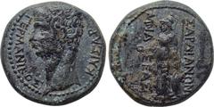 LYDIA. Sardes. Germanicus (Died 19). Ae. Mnaseas, magistrate. Obv: ΓEPMANIKΟΣ ΚΑΙΣΑΡ. Bare head left. Rev: ΣΑΡΔΙΑΝΩΝ MNAΣEAΣ. Athena standing left, holding patera, spear and shield. RPC I 2993. Condit