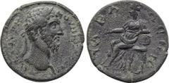 LYDIA. Tabala. Marcus Aurelius (161-180). Ae. Obv: ΑVΤ ΚΑ Λ ΑVP OVΗPOС СЄΒΑ. Laureate head right. Rev: ΤΑΒΑΛЄΩΝ. Cybele seated left on throne, resting elbow upon drum and holding patera over lion to l