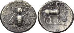 IONIA. Ephesos. Drachm (Circa 202-150 BC). Polyainos, magistrate. Obv: E - Φ. Bee. Rev: [ΠO?]ΛΥΑΙΝΟΣ. Stag standing right; palm tree in background. Cf. SNG Copenhagen 298 ff. var.(magistrates); cf. He