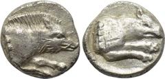 DYNASTS OF LYCIA. Uncertain dynast. Hemiobol (Circa 480-430 BC). Obv: Forepart of boar right. Rev: Forepart of hound right. SNG Kayhan 987 (uncertain mint in Caria); Klein -; Rosen 405 (uncertain mint