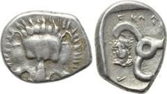 DYNASTS OF LYCIA. Perikles (Circa 380-360 BC). 1/3 Stater. Obv: Facing scalp of lion. Rev: Triskeles; name of dynast in Lycian around. Control: in left field, laureate and draped bust of Apollo facing