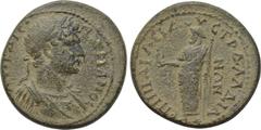 LYDIA. Daldis. Hadrian (117-138). Ae. Heracleides, strategos. Obv: ΑΥ ΚΑΙС ΑΔΡΙΑΝΟС. Laureate, draped and cuirassed bust right. Rev: ЄΠΙ ΗΡΑΚΛЄΙΔΟΥ СΤΡ ΔΑΛΔΙΑΝΩΝ. Zeus standing left, holding eagle and
