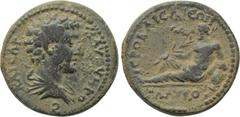 LYDIA. Hierocaesarea. Marcus Aurelius (Caesar, 139-161). Ae. Obv: Μ ΑV ΟVΗΡΟС ΚΑΙСΑΡ. Bareheaded, draped and cuirassed bust right. Rev: ΓΛΑΥΚΟС ΙЄΡΟΚΑΙСΑΡЄΩΝ. River god Glaucus reclining left, holding