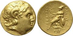 KINGS OF THRACE. Lysimachos (305-281 BC). GOLD Stater. Odessos. Obv: Diademed head of the deified Alexander right, with horn of Ammon. Rev: BAΣIΛEΩΣ / ΛYΣIMAXOY. Athena seated left on throne, holding 