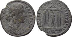 LYDIA. Saitta. Crispina (Augusta, 178-182). Ae. Obv: ΚΡΙCΠΕΙΝΑ CΕΒΑCΤΗ. Draped bust right. Rev: ΕΠΙ ΟΚΤ ΑΡΤΕΜΙ ΑΡΧ Α ΣΑΙΤΤΗΝΩΝ. Statue of Aphrodite within tetrastyle temple. BMC 39; RPC IV online 1395