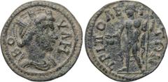 LYDIA. Tripolis. Psuedo-autonomous (3rd century). Ae. Obv: BOVΛH. Turreted and draped bust of Boule right. Rev: TPIΠOΛЄITΩN. Dionysus standing left, pouring cantharus and holding thyrsus. SNG Copenhag
