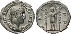 MAXIMINUS THRAX (235-238). Denarius. Rome. Obv: IMP MAXIMINVS PIVS AVG. Laureate, draped and cuirassed bust right. Rev: P M TR P P P. Maximinus standing left between two signa, raising hand and holdin