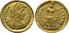 THEODOSIUS I (379-395). GOLD Solidus. Constantinople. Obv: D N THEODOSIVS P F AVG. Diademed, draped and cuirassed bust right. Rev: CONCORDIA AVGG (sic) B / CONOB. Constantinopolis seated facing on thr