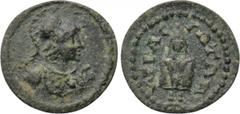LYDIA. Acrasus. Pseudo-autonomous. Time of Septimius Severus (193-211). Ae. Obv: Helmeted bust right, wearing aegis. Rev: AKPACIΩTΩN. Telesphoros standing facing. BMC 13. Very rare Condition: Very fin