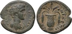 LYDIA. Apollonis. Geta (Caesar, 198-209). Ae. Obv: Π CЄΠ ΓЄTAC KAICAP. Bareheaded and draped bust right. Rev: ΑΠΟΛΛΩΝΙΔЄΩΝ. Vase containing poppies and grain ears. SNG Copenhagen 28; BMC 24. Condition