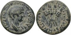 LYDIA. Blaundus. Nero (54-68). Ae. Ti. Klau. Kalligenes, magistrate. Obv: NEPΩN KAIΣAP. Bareheaded and draped bust right. Rev: KAΛΛIΓENHΣ BΛAYNΔEΩN. Four grain ears tied together. RPC I 3060; SNG Cope