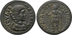 LYDIA. Sardis. Julia Maesa (Augusta, 218-224/5). Ae. Obv: IOVΛIA MAICA AV. Draped bust right. Rev: CAPΔIANΩN Γ NЄΩKOPΩN. Mên standing left, holding pine cone and sceptre. SNG München 531 var. (rev. le