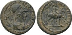LYDIA. Tomara. Pseudo-autonomous. Time of Antoninus Pius (138-161). Ae. Hermogenes Dionysiou, strategos. Obv: ЄΡΜOΓЄΝOVС CTP. Helmeted bust of Athena right, wearing aegis. Rev: ΤOΜΑΡΗΝΩΝ. Apollo-Mên r