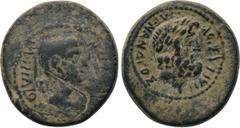 LYDIA. Tralles. Vedius Pollio (Legate of Asia, circa 29/8-27 BC). Ae. Menandros, son of Parrhasios, magistrate. Obv: ΟΥΗIΔΙΟΣ ΚΑΙΣΑΡΕΩΝ. Bare head of Vedius Pollio right. Rev: ΜΕΝΑΝΔΡΟΣ ΠΑΡΡΑΣΙΟΥ. Lau