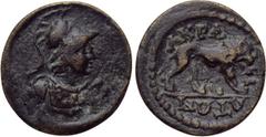 LYDIA. Acrasus. Pseudo-autonomous. Time of Septimius Severus (193-211). Ae. Obv: Helmeted bust of Athena right, wearing aegis. Rev: AKPACIΩTΩN. Lion right. SNG Copenhagen 2; BMC 14. Condition: Very fi
