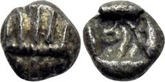 ASIA MINOR. Uncertain. Diobol (Circa 500 BC). Obv: Stylized facing head of lion wearing five-spiked crown. Rev: Incuse square punch with intersecting lines and pellet. Cf. Rosen 395; cf. Weber 4591 co