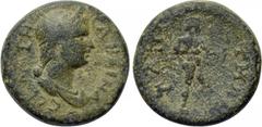 LYDIA. Tmolus. Sabina (Augusta, 128-136/7). Ae. Obv: СΑΒЄΙΝΑ СЄΒΑСΤΗ. Draped bust right. Rev: ΤΜΩΛΙΤΩΝ. Apollo standing right, holding bow and arrow. RPC III 2388; SNG Copenhagen 635; BMC 337. Rare Co