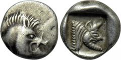 DYNASTS OF LYCIA. Uncertain Dynast (Circa 520-480 BC). Obol. Obv: Head of boar right. Rev: Head of man-headed bull right within incuse square. Cf. SNG von Aulock 4102 (types left); CNG E-128, lot 86. 
