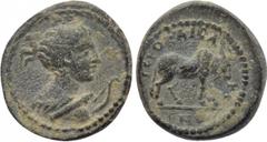 LYDIA. Hierocaesaraea. Pseudo-autonomous. Ae (Circa early-mid 1st century AD). Obv: Draped bust of Artemis right, holding bow and quiver. Rev: IЄPOKAICAPЄΩN. Zebu bull standing right. RPC III 1862; SN