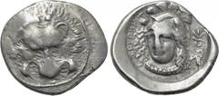 DYNASTS OF LYCIA. Zagaba (Circa 400-380 BC). Third Stater. Obv: Facing lion's scalp. Rev: Helmeted head of Athena facing slightly left, monogram to right; lycian legend around. Vismara -; BMC -; SNG v