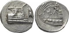 LYCIA. Phaselis. Stater (4th century BC). Obv: Prow of galley right, decorated with gorgoneion. Control: Upward cicada to right. Rev: ΦΑΣ. Stern of galley left. Control: Above, Nike flying left, holdi